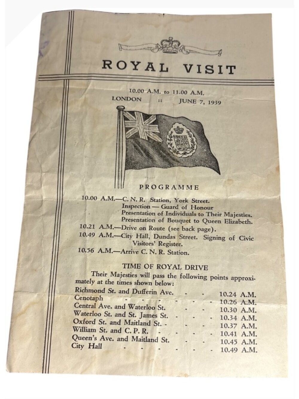 Royal Visit Programme London Ontario June 7 1939 Historical Memorabilia